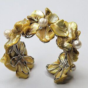 Yellow Adjustable Cuff Bangle Pearl and Shell Bracelet - NEW !